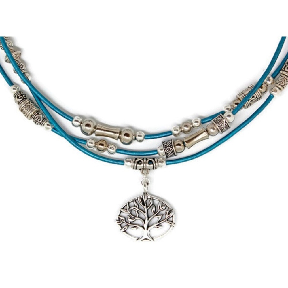 3 Strand beaded leather necklace with tree of life charm.